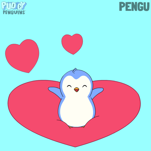 A cartoon penguin sits inside a red heart with two floating hearts above.