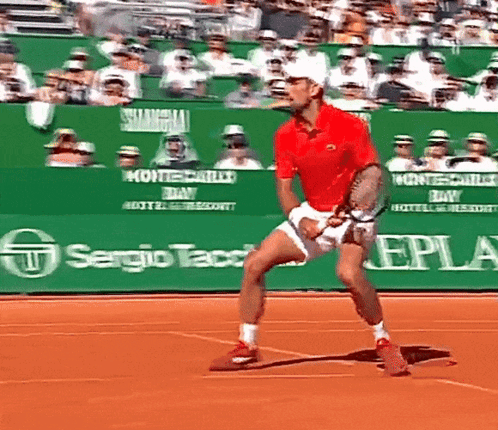 a man in a red shirt and white shorts is playing tennis