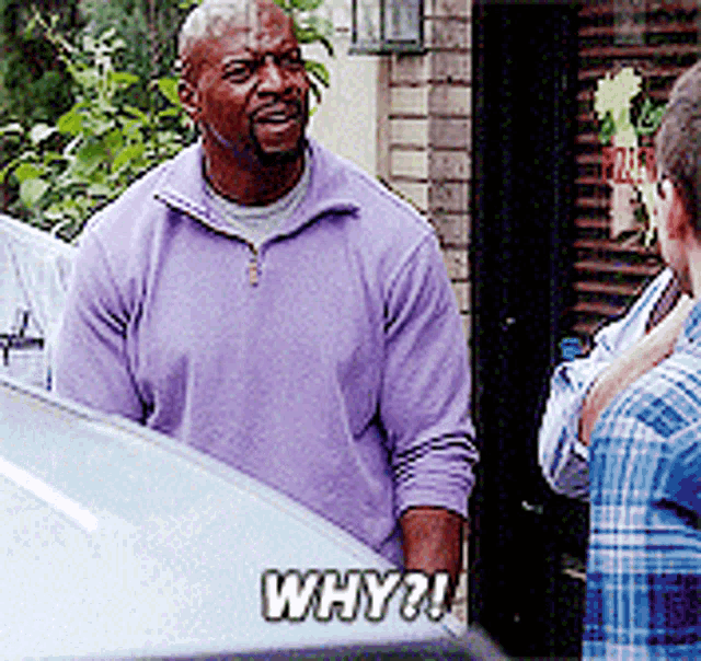 Terry Jeffords from Brooklyn Nine-Nine asks “WHY?!” while standing outdoors.