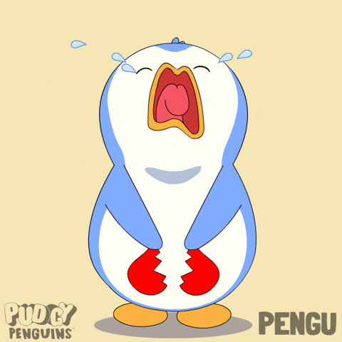 Pengu cries loudly with a red broken heart on its chest.