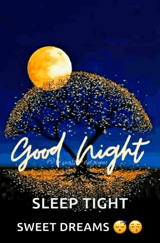 A glowing moon shines over a blue flower-shaped scene with “Good Night, Sleep Tight, Sweet Dreams.”