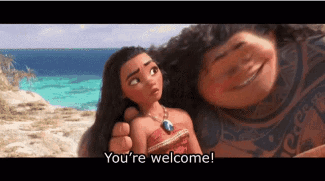 Moana looks back at Maui on the beach while “You’re welcome!” appears as a subtitle.