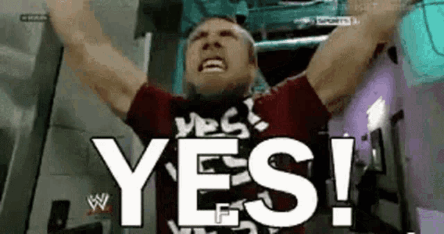 A wrestler raises both arms with a giant “YES!” caption.