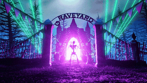 a skeleton is standing in front of a gate that says graveyard
