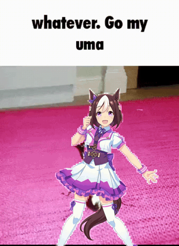 Special Week poses on pink carpet beneath meme text.