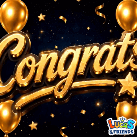 Large metallic gold “Congratulations” lettering appears with balloons and stars.