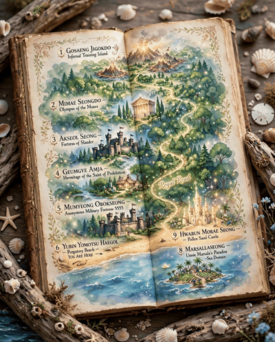 a book is open to a page that says ' gosaeng jiggordo infernal training island ' on it