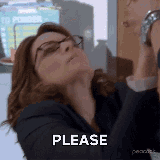 A woman leans back with the caption “PLEASE,” appearing to beg or plead.