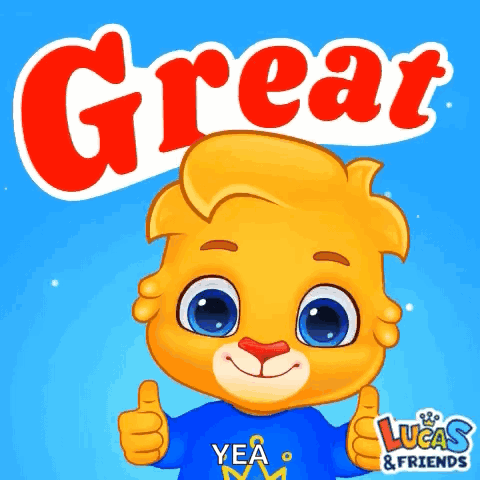 A cheerful cartoon lion gives a thumbs-up beneath “Great.”