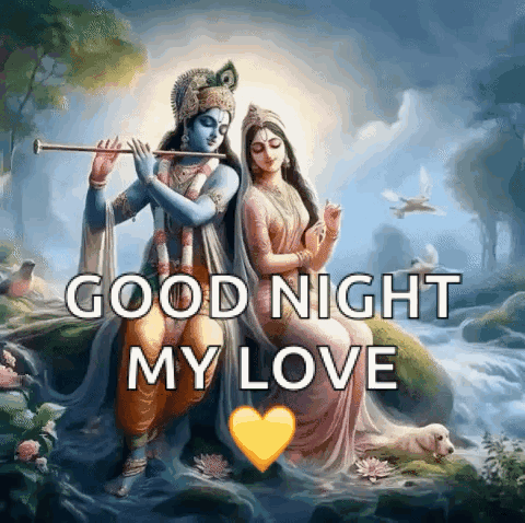 a painting of a man playing a flute next to a woman with the words `` good night my love ''