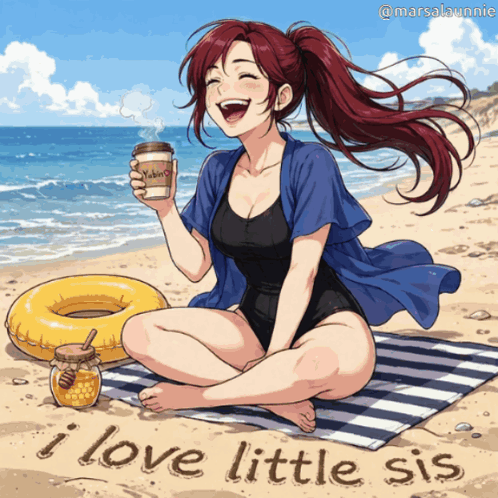 a drawing of a girl sitting on the beach with the words i love little sis