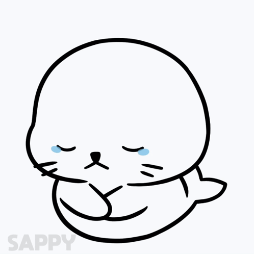 A white cartoon seal bows its head with tears streaming down.