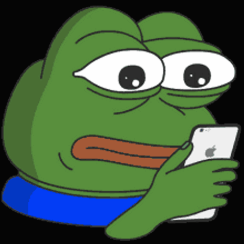 Pepe the Frog looks worried while holding a phone.
