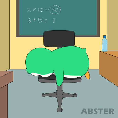 A green cartoon penguin slumps face-down over an office chair.