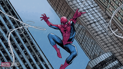 a drawing of spider-man flying through the air with the words marvel comics on the bottom