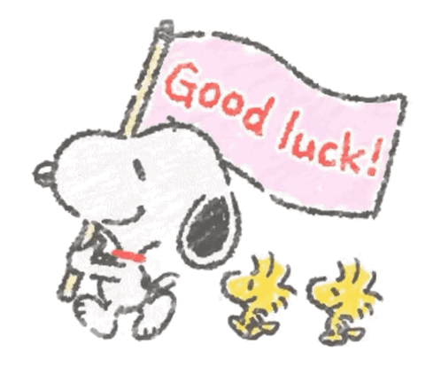 Snoopy waves a “Good luck!” flag while Woodstock marches alongside him.