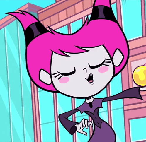 a cartoon character with pink hair is holding a yellow object in front of a building
