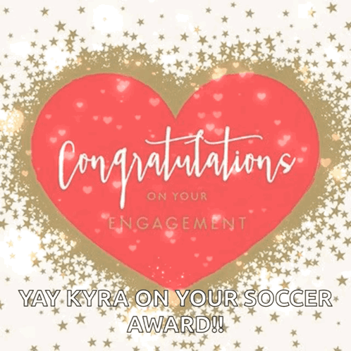A pink heart says “Congratulations on your engagement” amid gold star confetti.