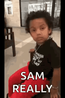 a little boy is sitting in a chair with the words `` sam really '' written on the screen .
