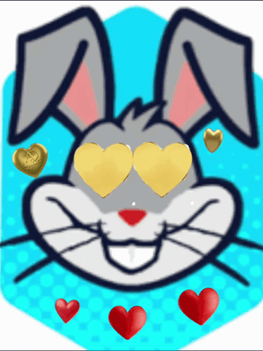 a cartoon bunny with hearts in his eyes and hearts around him