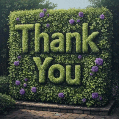 “Thank You” appears in green hedge lettering surrounded by purple flowers.