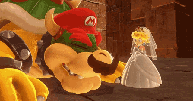 mario and bowser are playing a video game with princess peach in a wedding dress
