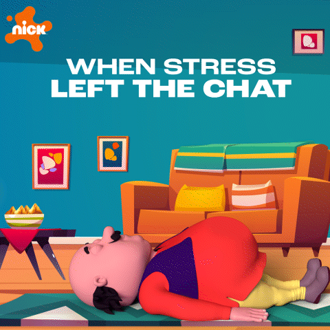 a cartoon of a man laying on a yoga mat with the words " when stress left the chat " above him