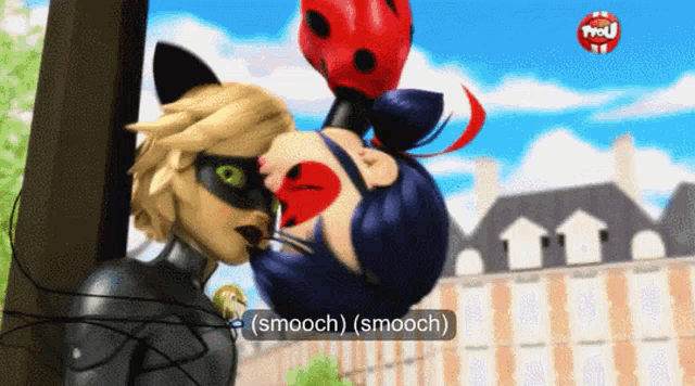 a ladybug and cat noir are kissing and the ladybug is saying smooch smooch