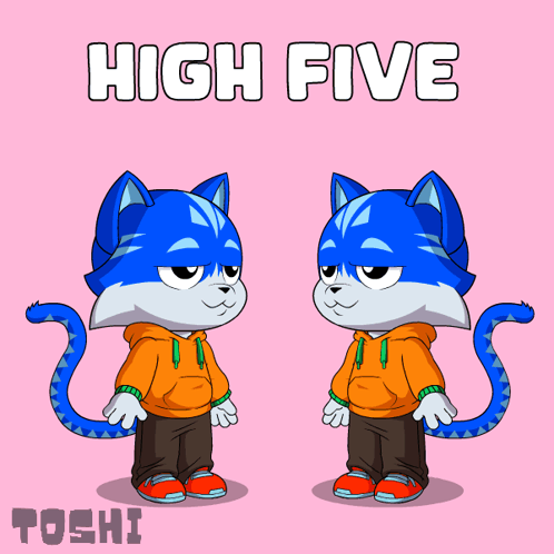 two cartoon cats are standing next to each other with the words high five behind them