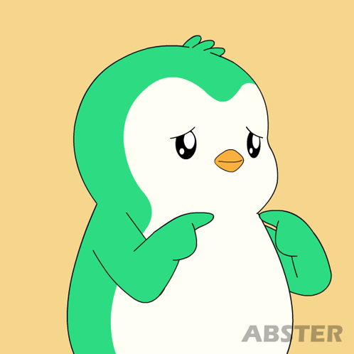 A small green-and-white penguin character looks nervous and clasps its flippers.