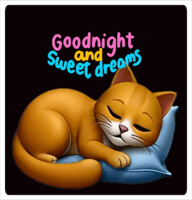 a cartoon cat is sleeping on a pillow with the words goodnight and sweet dreams written above it .