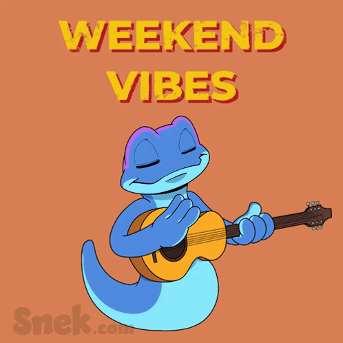 a blue lizard playing a guitar with the words weekend vibes above it
