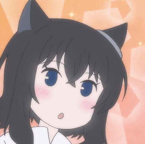 A black-haired cat-eared anime girl stares forward in surprise.