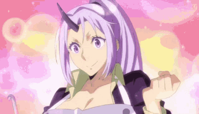 a female anime character with purple hair and horns is holding a spoon .