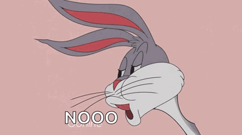 Bugs Bunny cries out “NOOO” against a pink background.