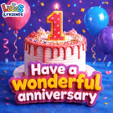 a lucas & friends cake with a candle on top