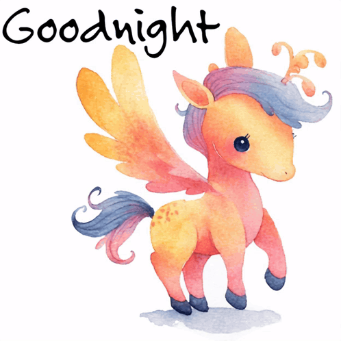 a watercolor painting of a pegasus with the words goodnight written above it