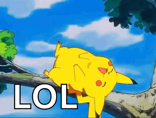Pikachu laughs with eyes closed under a large “LOL.”