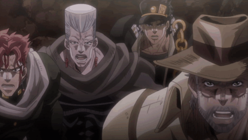 a group of cartoon characters with one wearing a hat that says ' stardust crusaders ' on it