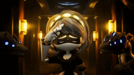 a cartoon character is saluting in a dark hallway surrounded by monsters