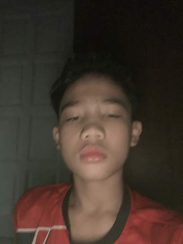 a young man wearing a red shirt with the letter t on it