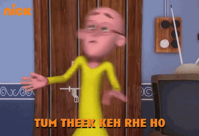 a cartoon character with the words tum theek keh rhe ho on the bottom