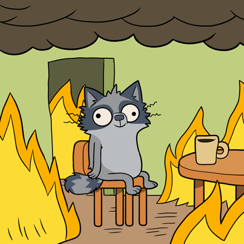 a cartoon of a raccoon sitting in front of a table with a cup of coffee
