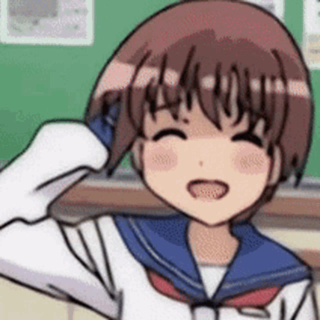 A blushing anime schoolgirl smiles with her eyes closed and touches her head.