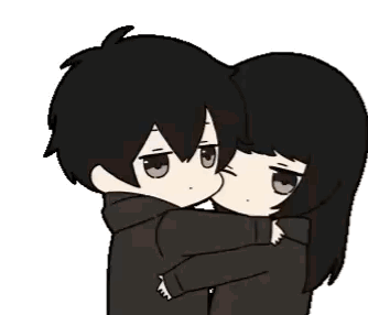 An anime-style boy and girl hold each other in a subdued hug.