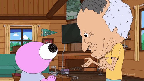 a cartoon of a man talking to a pink monster with a banner that says buzz