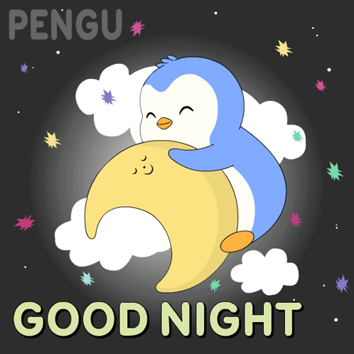 a penguin sleeping on a crescent moon with the words good night written below it