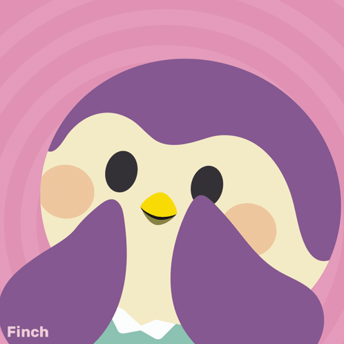 A purple cartoon penguin holds its cheeks in delighted surprise.