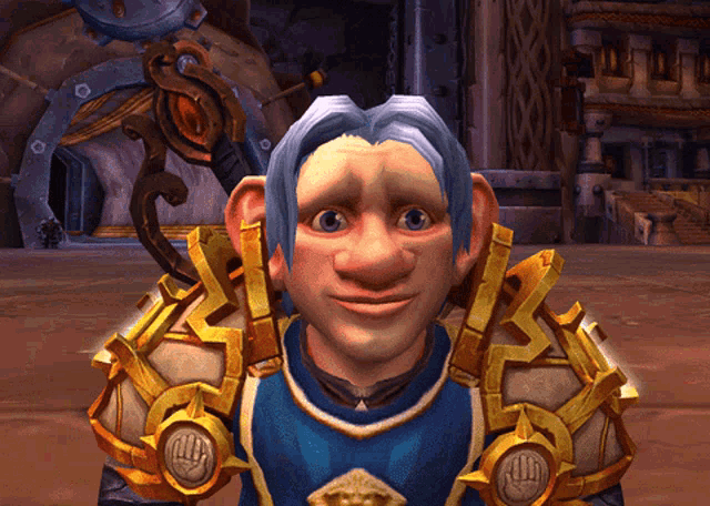 An armored World of Warcraft gnome smiles broadly in a game environment.