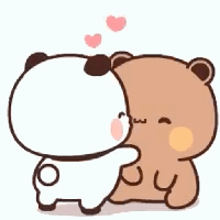 Two chubby cartoon animals embrace with small hearts floating above them.